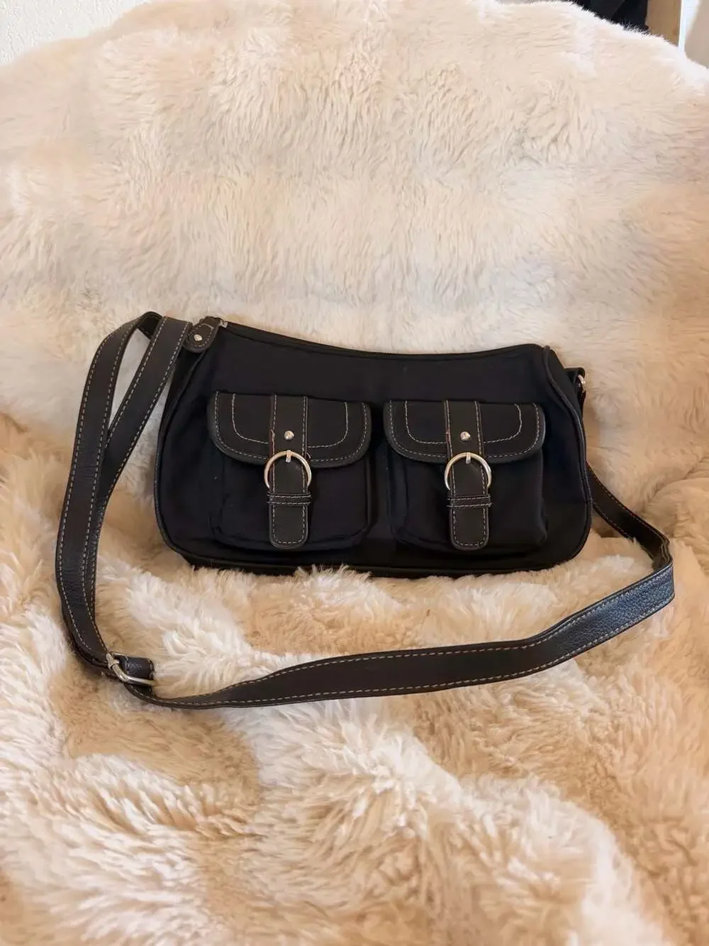 Black Canvas Crossbody Bag with Faux Leather Buckle Pockets